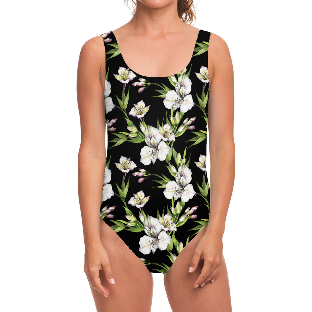 Watercolor Alstroemeria Pattern Print One Piece Swimsuit