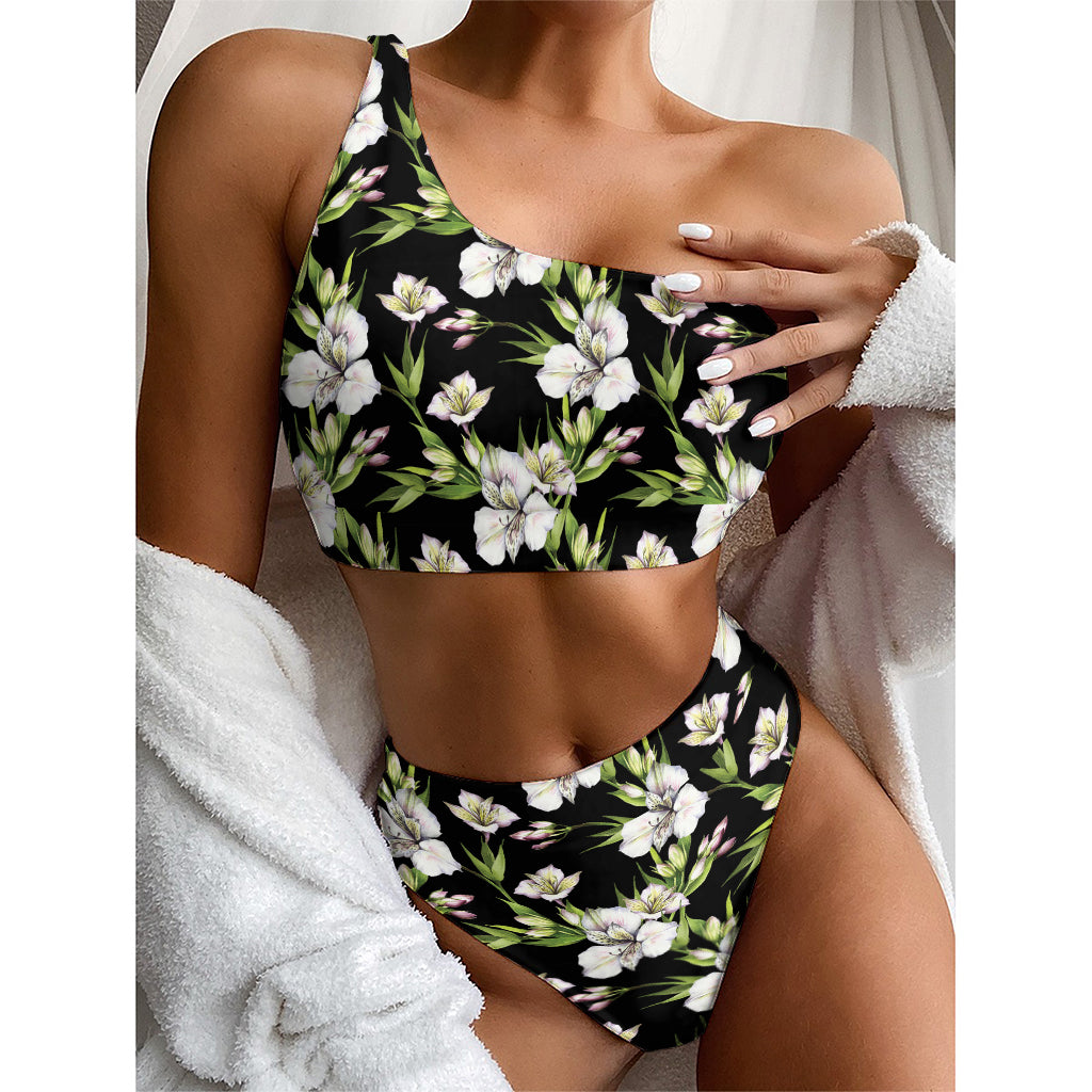 Watercolor Alstroemeria Pattern Print One Shoulder Bikini Top