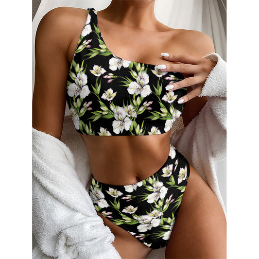 Watercolor Alstroemeria Pattern Print One Shoulder Bikini Top
