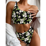 Watercolor Alstroemeria Pattern Print One Shoulder Bikini Top