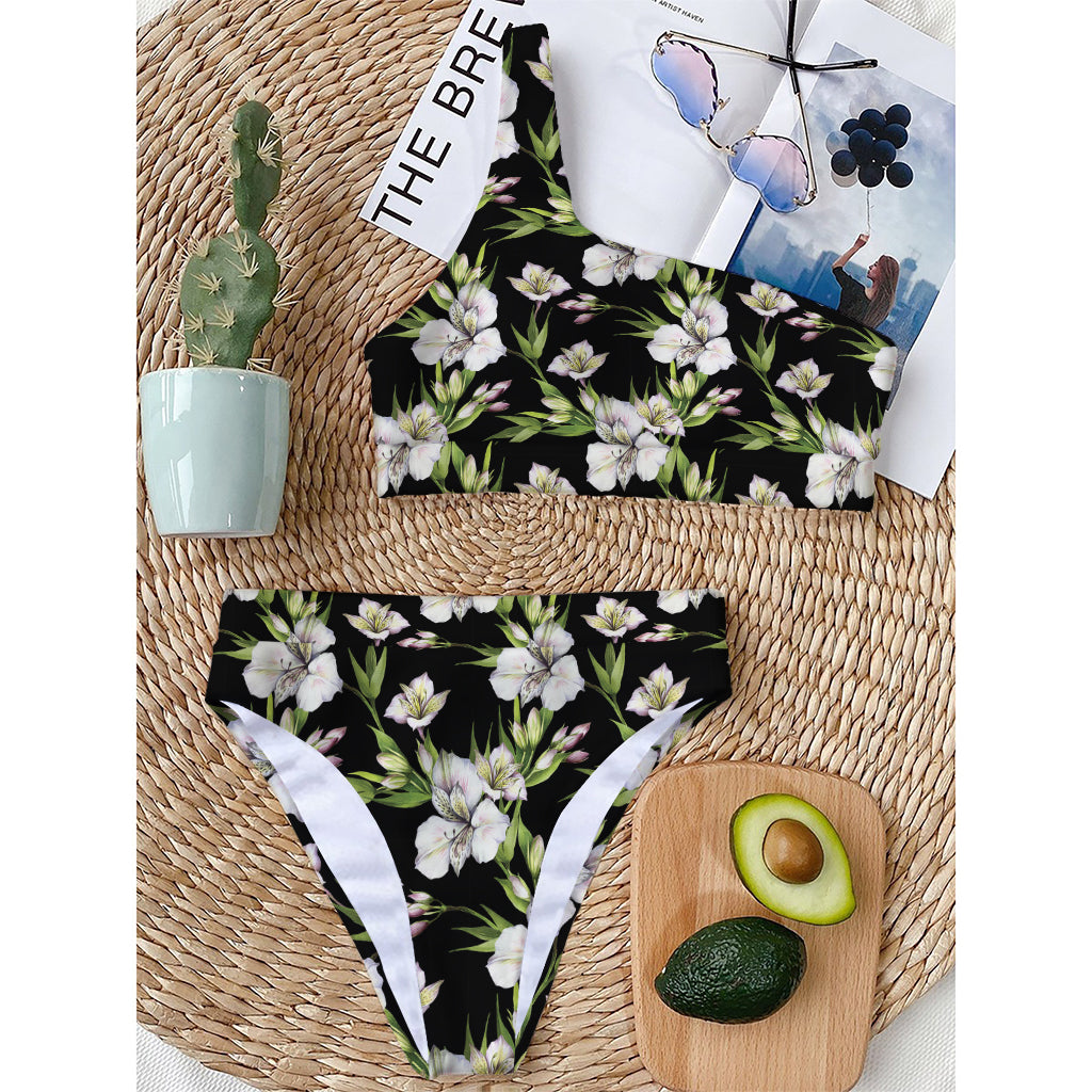 Watercolor Alstroemeria Pattern Print One Shoulder Bikini Top