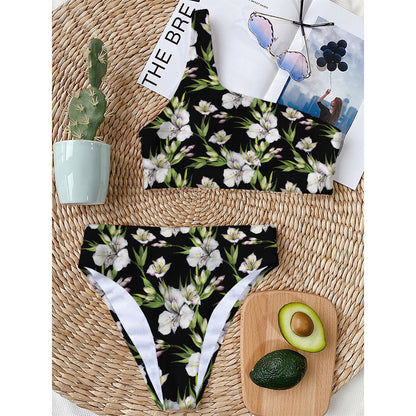 Watercolor Alstroemeria Pattern Print One Shoulder Bikini Top