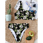 Watercolor Alstroemeria Pattern Print One Shoulder Bikini Top