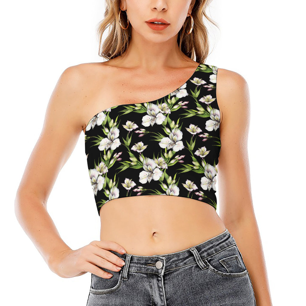 Watercolor Alstroemeria Pattern Print One Shoulder Crop Top