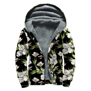 Watercolor Alstroemeria Pattern Print Sherpa Lined Zip Up Hoodie