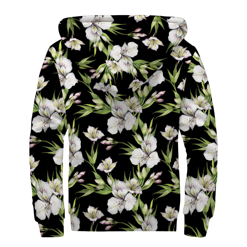 Watercolor Alstroemeria Pattern Print Sherpa Lined Zip Up Hoodie