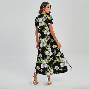 Watercolor Alstroemeria Pattern Print Short Sleeve Maxi Dress