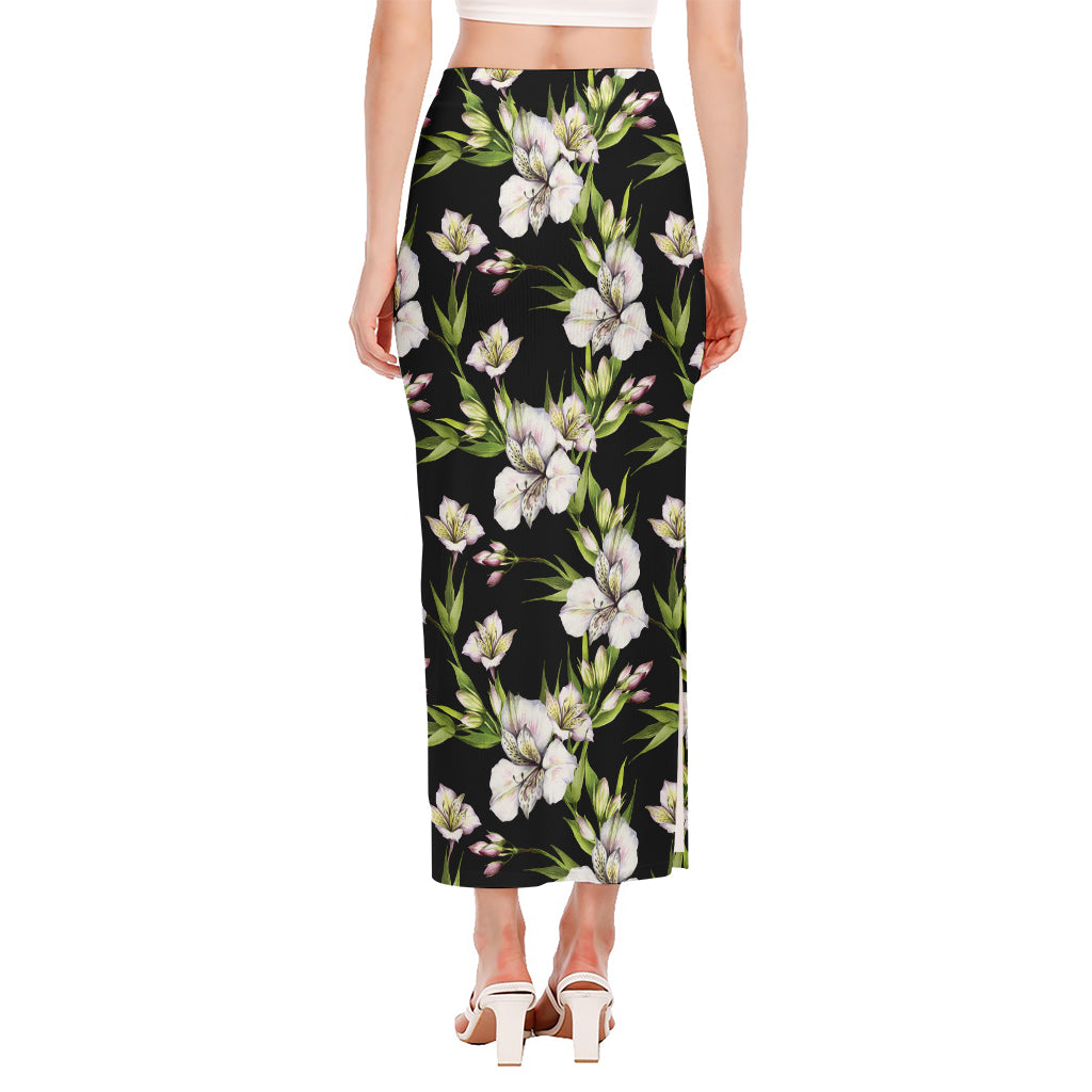 Watercolor Alstroemeria Pattern Print Side Slit Maxi Skirt