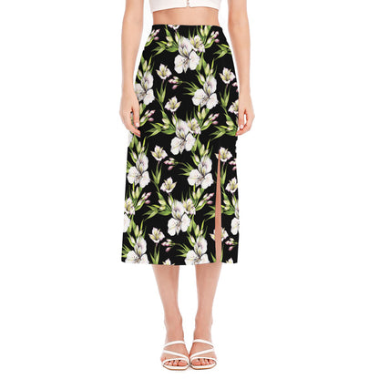 Watercolor Alstroemeria Pattern Print Side Slit Midi Skirt