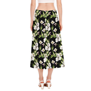 Watercolor Alstroemeria Pattern Print Side Slit Midi Skirt