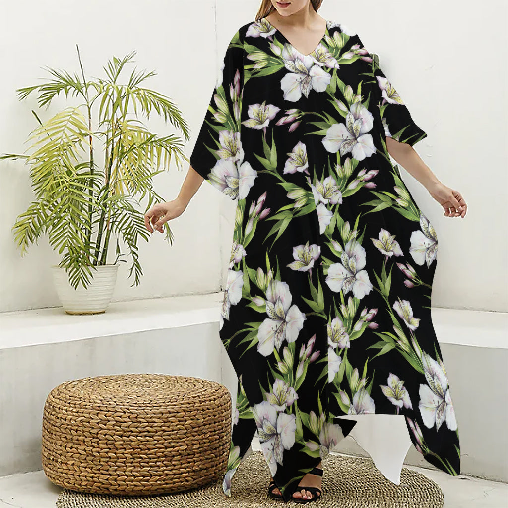 Watercolor Alstroemeria Pattern Print Silk V-Neck Kaftan Dress