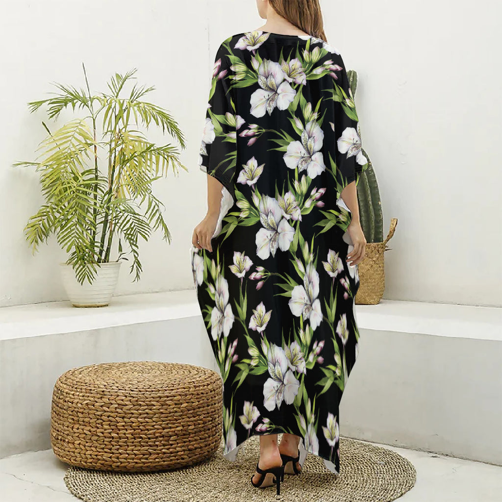 Watercolor Alstroemeria Pattern Print Silk V-Neck Kaftan Dress