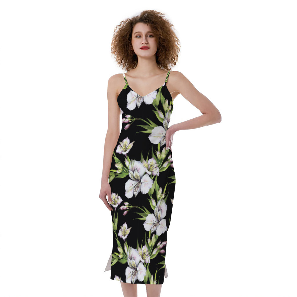 Watercolor Alstroemeria Pattern Print Slim Fit Midi Cami Dress