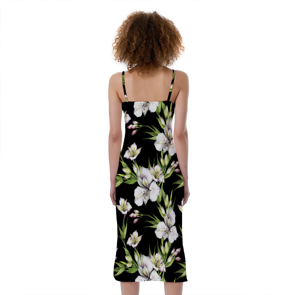 Watercolor Alstroemeria Pattern Print Slim Fit Midi Cami Dress