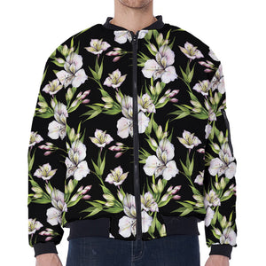 Watercolor Alstroemeria Pattern Print Zip Sleeve Bomber Jacket