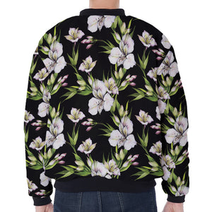 Watercolor Alstroemeria Pattern Print Zip Sleeve Bomber Jacket