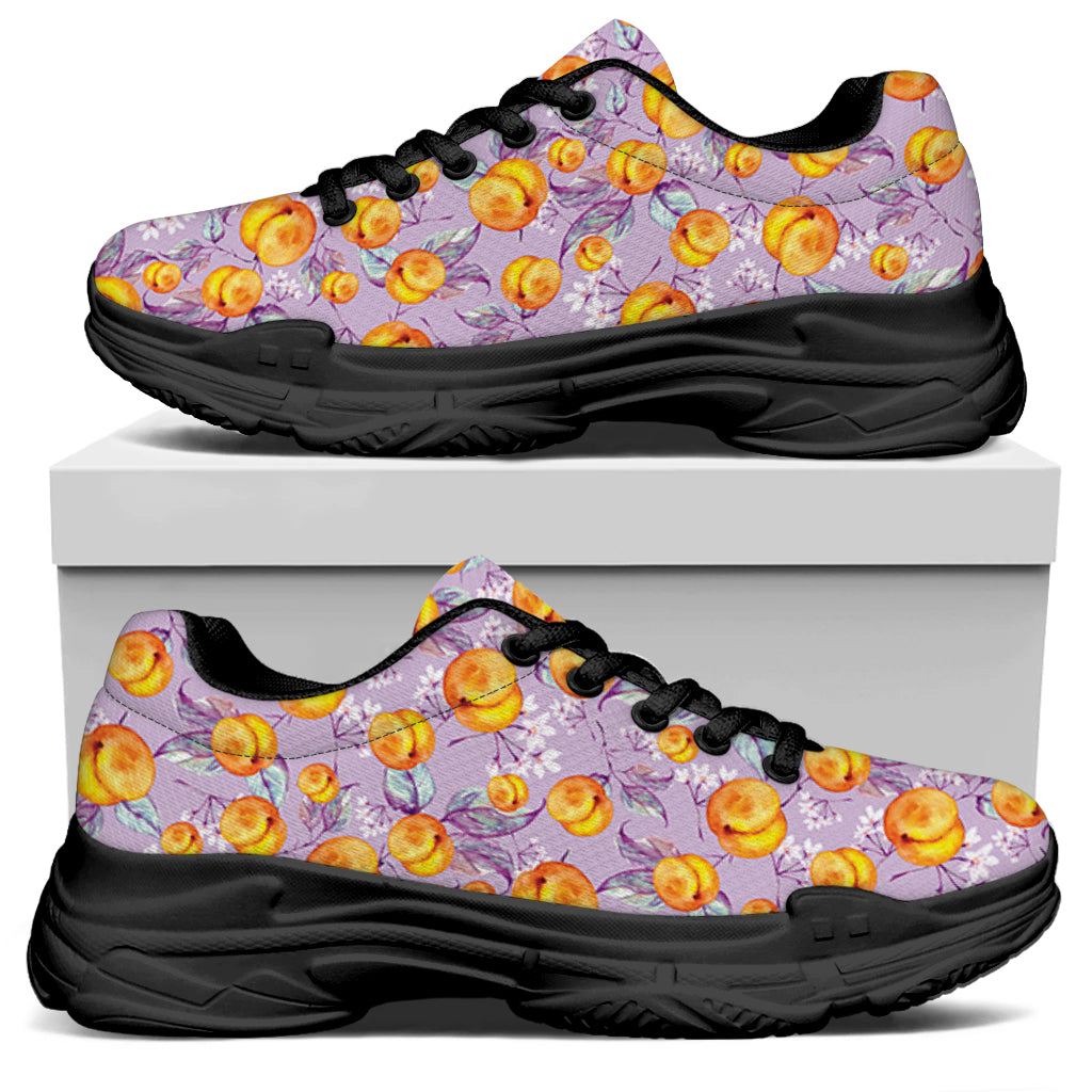 Watercolor Apricot Fruit Pattern Print Black Chunky Shoes