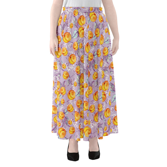 Watercolor Apricot Fruit Pattern Print Chiffon Maxi Skirt