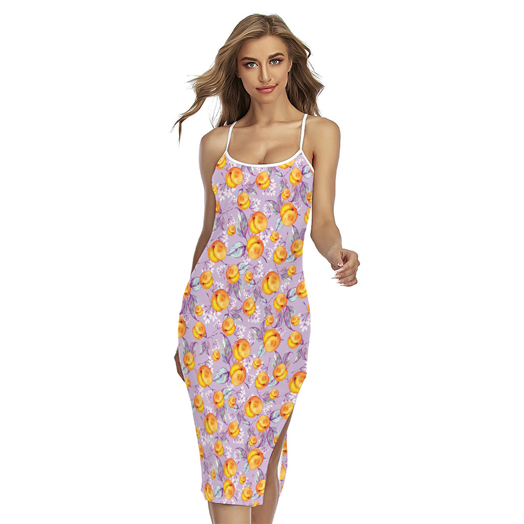 Watercolor Apricot Fruit Pattern Print Cross Back Cami Dress
