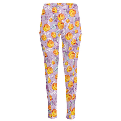 Watercolor Apricot Fruit Pattern Print High-Waisted Pocket Leggings