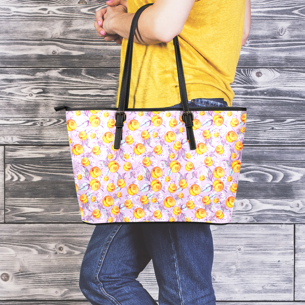 Watercolor Apricot Fruit Pattern Print Leather Tote Bag
