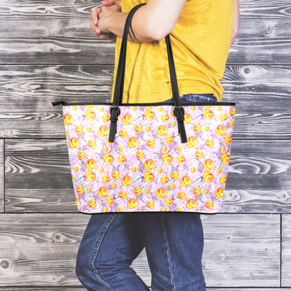 Watercolor Apricot Fruit Pattern Print Leather Tote Bag