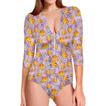 Watercolor Apricot Fruit Pattern Print Long Sleeve Swimsuit