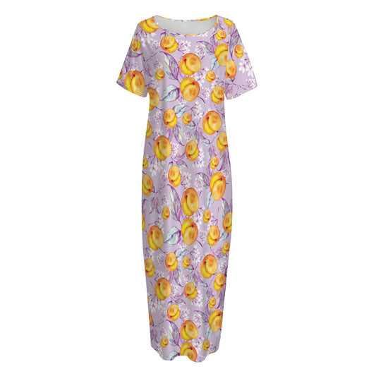 Watercolor Apricot Fruit Pattern Print Short Sleeve Long Nightdress