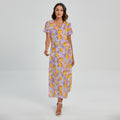 Watercolor Apricot Fruit Pattern Print Short Sleeve Maxi Dress