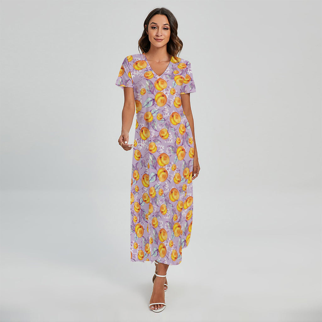 Watercolor Apricot Fruit Pattern Print Short Sleeve Maxi Dress