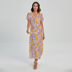 Watercolor Apricot Fruit Pattern Print Short Sleeve Maxi Dress