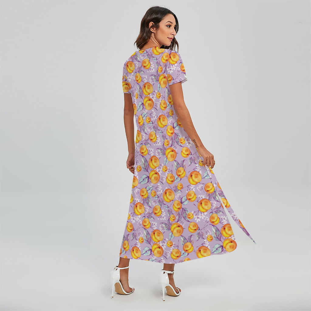 Watercolor Apricot Fruit Pattern Print Short Sleeve Maxi Dress