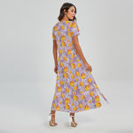 Watercolor Apricot Fruit Pattern Print Short Sleeve Maxi Dress