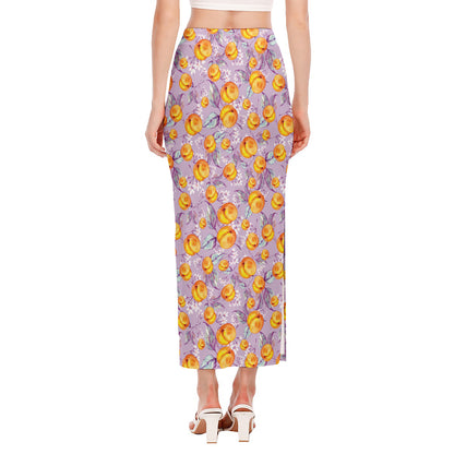 Watercolor Apricot Fruit Pattern Print Side Slit Maxi Skirt