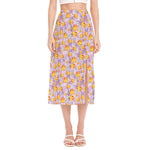 Watercolor Apricot Fruit Pattern Print Side Slit Midi Skirt