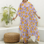 Watercolor Apricot Fruit Pattern Print Silk V-Neck Kaftan Dress