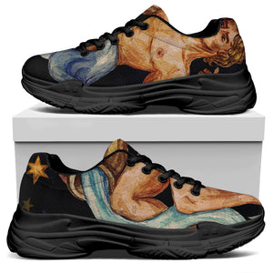 Watercolor Aquarius Zodiac Sign Print Black Chunky Shoes