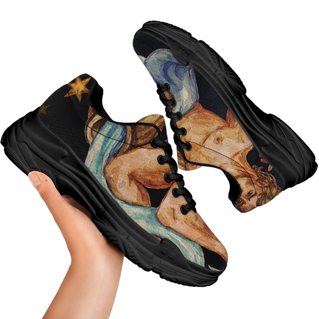 Watercolor Aquarius Zodiac Sign Print Black Chunky Shoes