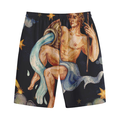 Watercolor Aquarius Zodiac Sign Print Cotton Shorts