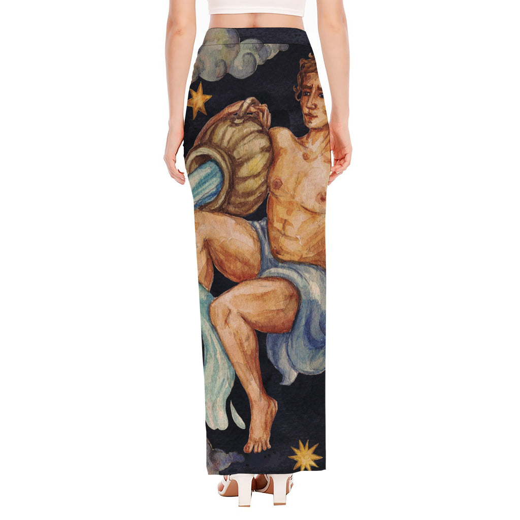 Watercolor Aquarius Zodiac Sign Print High Slit Maxi Skirt
