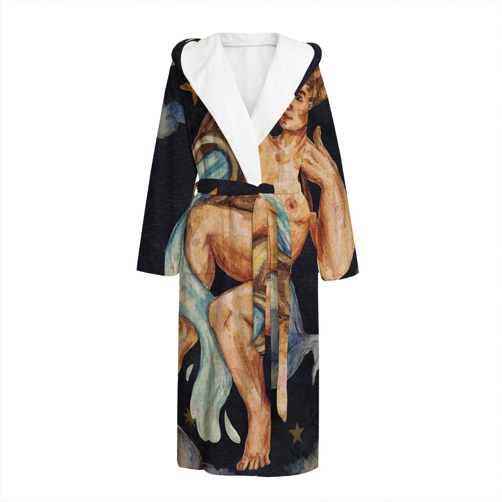Watercolor Aquarius Zodiac Sign Print Hooded Bathrobe