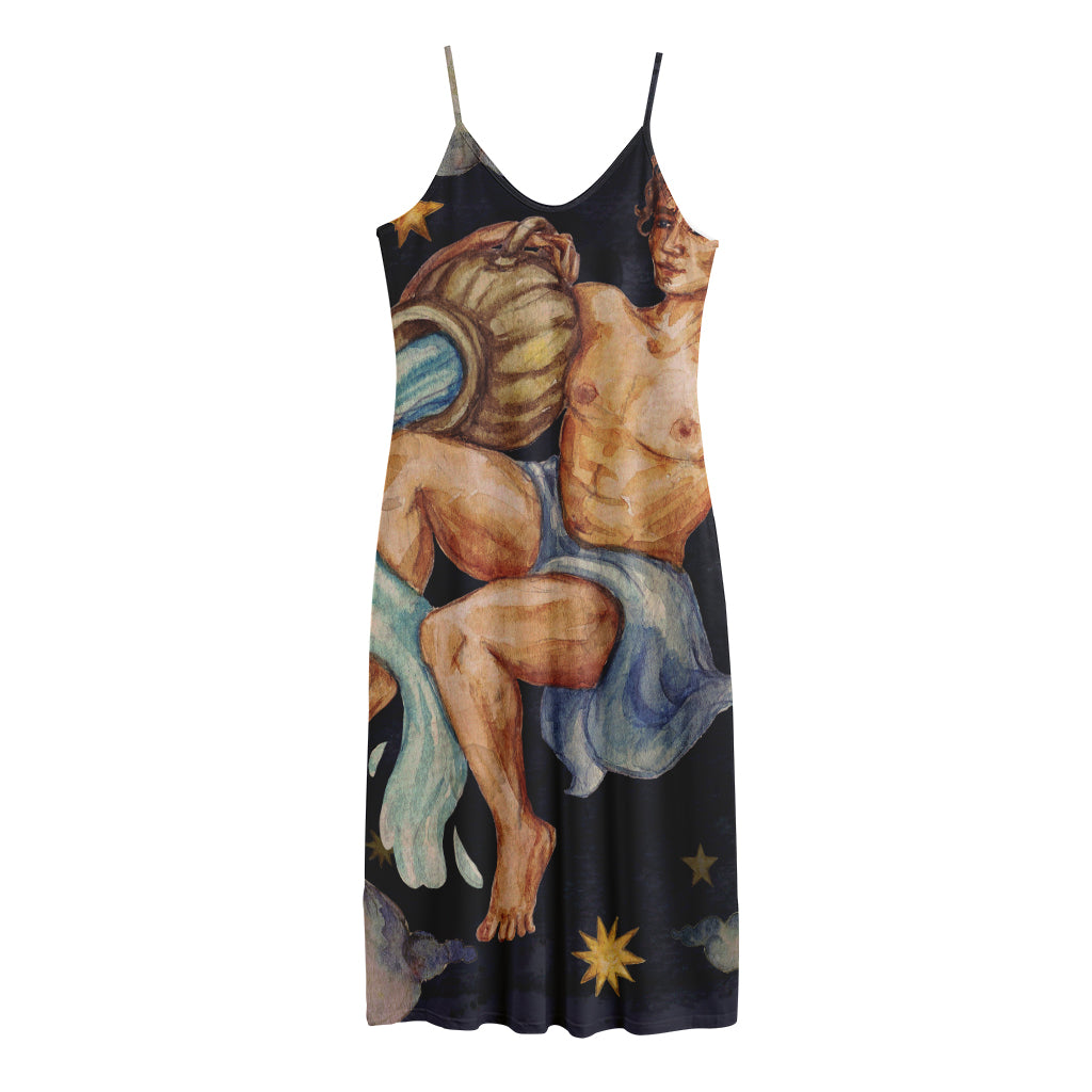 Watercolor Aquarius Zodiac Sign Print Jersey Midi Cami Dress