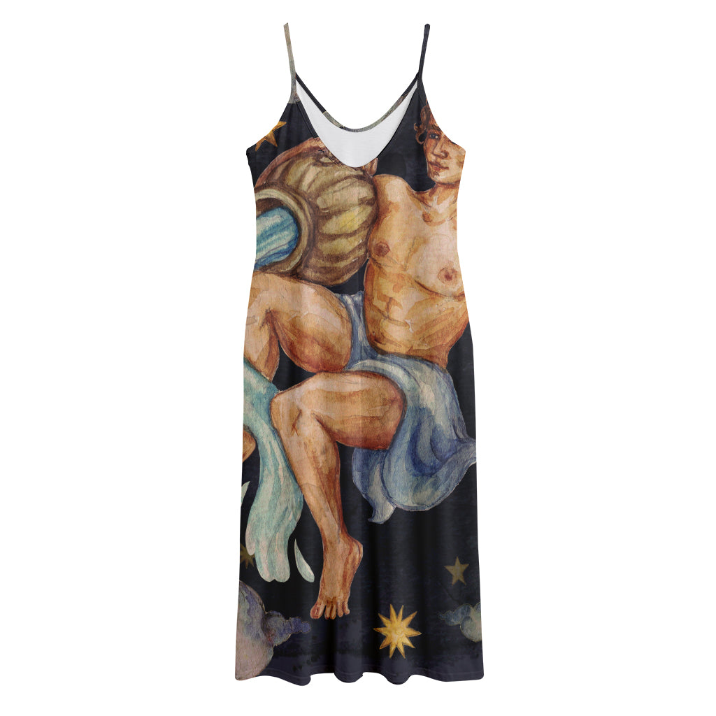 Watercolor Aquarius Zodiac Sign Print Jersey Midi Cami Dress