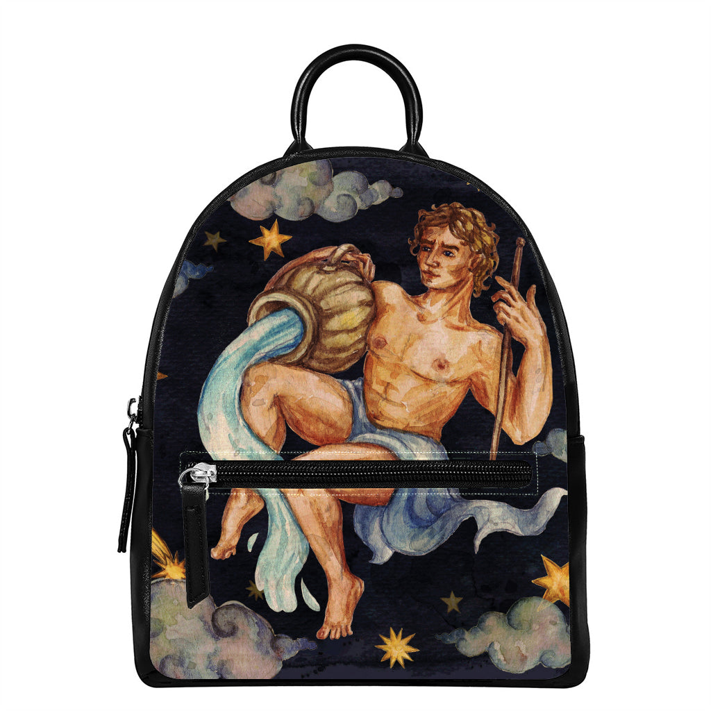 Watercolor Aquarius Zodiac Sign Print Leather Backpack
