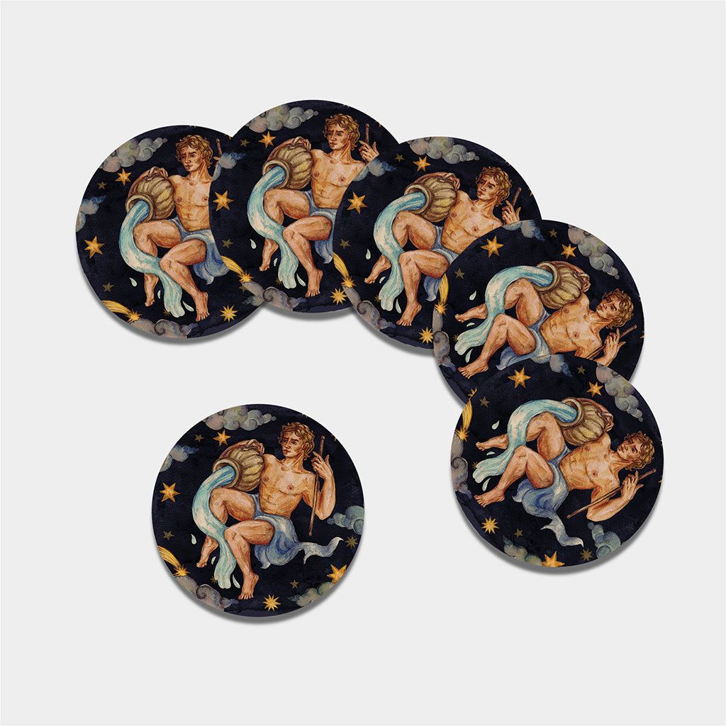 Watercolor Aquarius Zodiac Sign Print Leather Coaster Set