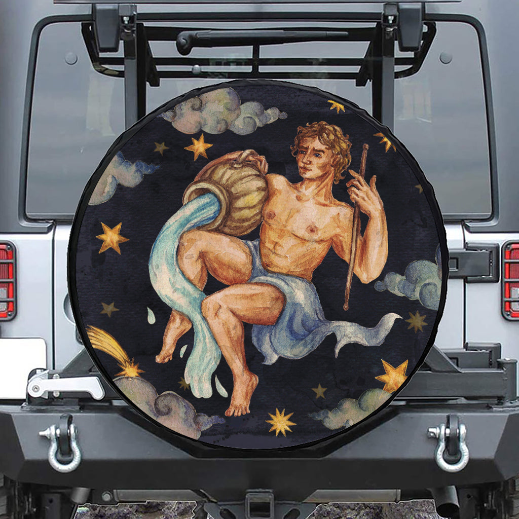 Watercolor Aquarius Zodiac Sign Print Leather Spare Tire Cover