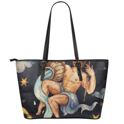 Watercolor Aquarius Zodiac Sign Print Leather Tote Bag