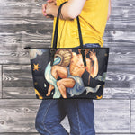 Watercolor Aquarius Zodiac Sign Print Leather Tote Bag
