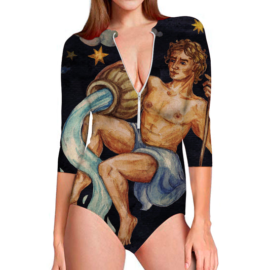 Watercolor Aquarius Zodiac Sign Print Long Sleeve Swimsuit