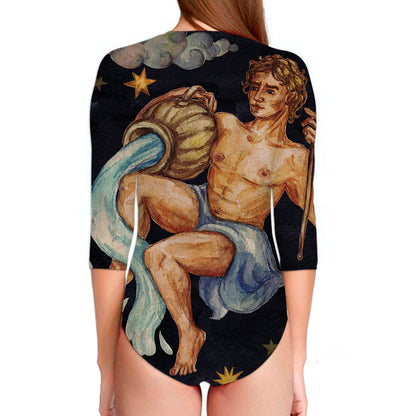 Watercolor Aquarius Zodiac Sign Print Long Sleeve Swimsuit